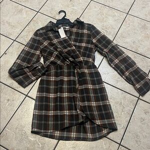 LUSH Brown Plaid Faux Wrap Tunic XS NWT